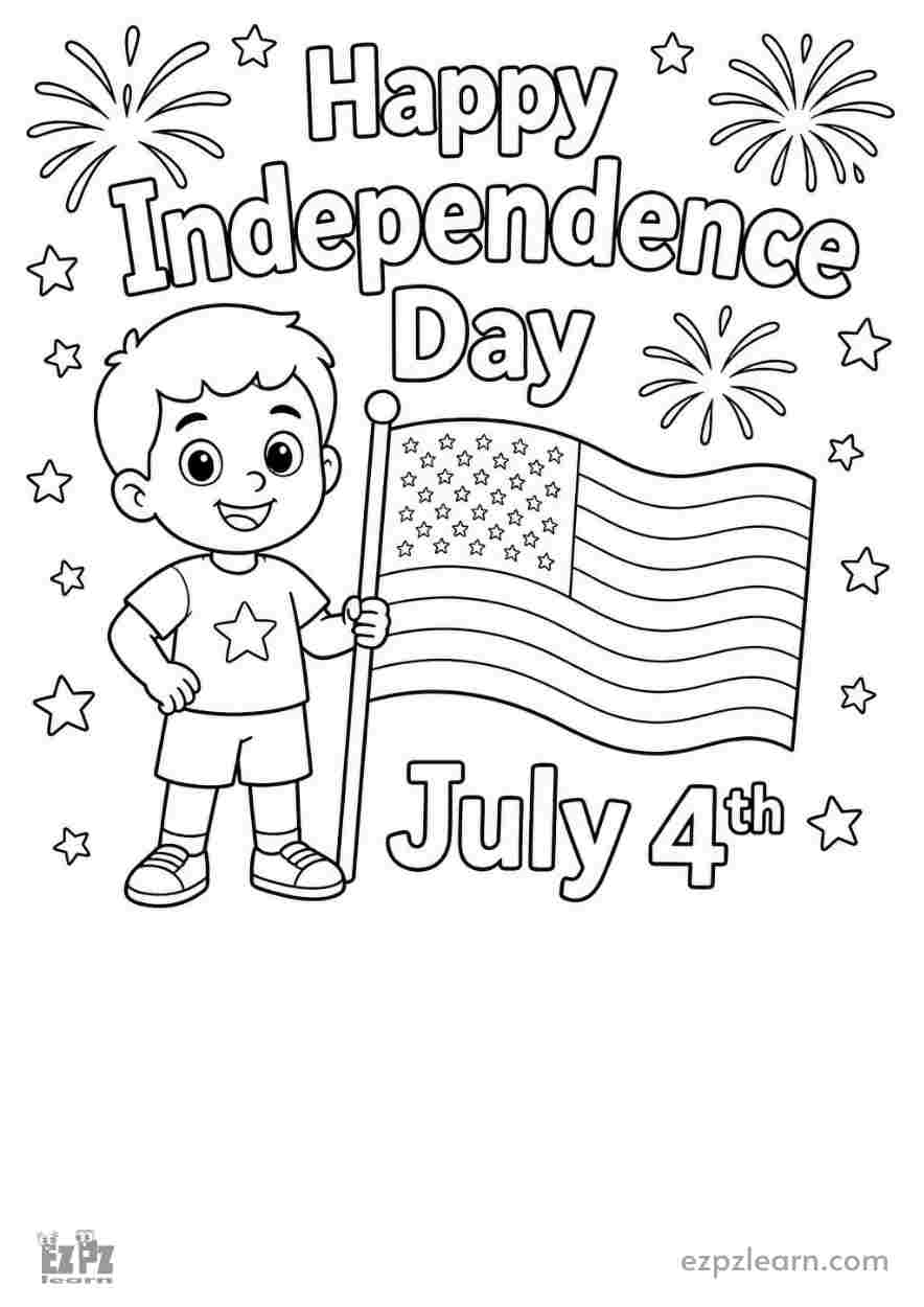 Coloring Page of a Little Boy Holding a Flag for Independence Day